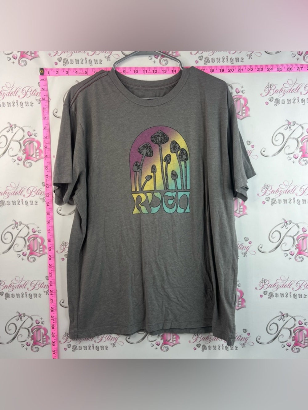 RVCA T-shirt slim fit Gray Short-Sleeve Tee vintage dye Rainbow Mushroom Graphic